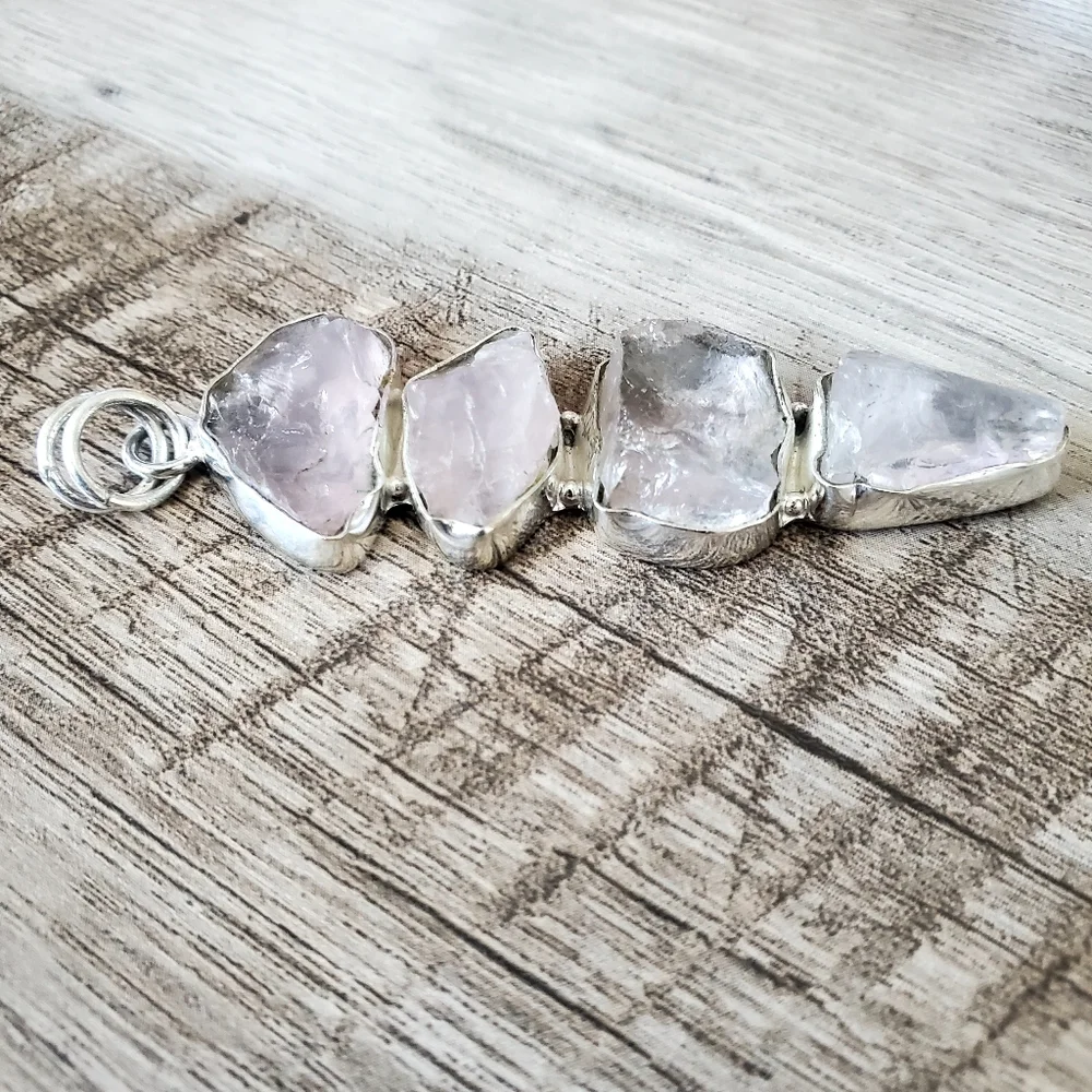 Natural Rough Rose Quartz Gemstones Set in 925 Sterling Silver Pendant, NWT - Picture 9 of 16